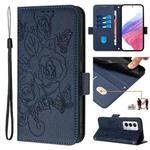 For OPPO Reno12 Global Embossed Rose RFID Anti-theft Leather Phone Case(Dark Blue)