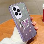 For Honor 200 Lite Global Plated Gradient Glitter Butterfly Holder TPU Phone Case(Purple)