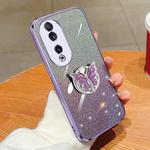 For Honor 90 Plated Gradient Glitter Butterfly Holder TPU Phone Case(Purple)