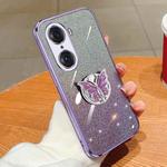 For Honor 60 Pro Plated Gradient Glitter Butterfly Holder TPU Phone Case(Purple)