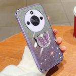 For Honor X50 Plated Gradient Glitter Butterfly Holder TPU Phone Case(Purple)