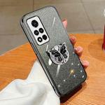 For Honor V40 Plated Gradient Glitter Butterfly Holder TPU Phone Case(Black)