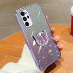 For Honor V30 Pro Plated Gradient Glitter Butterfly Holder TPU Phone Case(Purple)