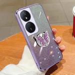 For Honor Play 50 Plus Plated Gradient Glitter Butterfly Holder TPU Phone Case(Purple)