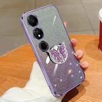For Honor Play 40 Plated Gradient Glitter Butterfly Holder TPU Phone Case(Purple)