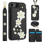 For iPhone SE 2022 / SE 2020 Crossbody Flower Pattern Leather Phone Case(Black)