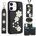 For iPhone 11 Crossbody Flower Pattern Leather Phone Case(Black)