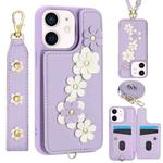 For iPhone 11 Crossbody Flower Pattern Leather Phone Case(Purple)