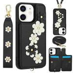 For iPhone 12 / 12 Pro Crossbody Flower Pattern Leather Phone Case(Black)