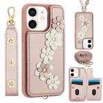 For iPhone 12 / 12 Pro Crossbody Flower Pattern Leather Phone Case(Rose Gold)