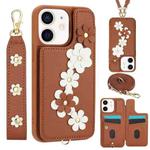 For iPhone 12 / 12 Pro Crossbody Flower Pattern Leather Phone Case(Brown)