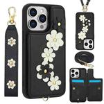 For iPhone 12 Pro Max Crossbody Flower Pattern Leather Phone Case(Black)