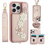 For iPhone 12 Pro Max Crossbody Flower Pattern Leather Phone Case(Rose Gold)