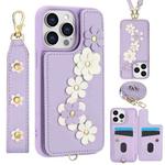 For iPhone 12 Pro Max Crossbody Flower Pattern Leather Phone Case(Purple)