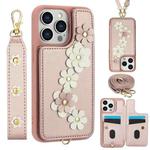 For iPhone 13 Pro Crossbody Flower Pattern Leather Phone Case(Rose Gold)