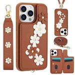 For iPhone 13 Pro Max Crossbody Flower Pattern Leather Phone Case(Brown)