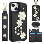 For iPhone 14 / 13 Crossbody Flower Pattern Leather Phone Case(Black)