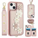 For iPhone 14 / 13 Crossbody Flower Pattern Leather Phone Case(Rose Gold)