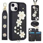 For iPhone 15 Plus / 14 Plus Crossbody Flower Pattern Leather Phone Case(Black)