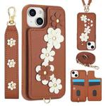 For iPhone 15 Crossbody Flower Pattern Leather Phone Case(Brown)