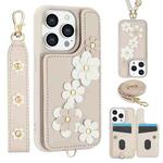 For iPhone 15 Pro Crossbody Flower Pattern Leather Phone Case(White)