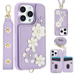 For iPhone 15 Pro Crossbody Flower Pattern Leather Phone Case(Purple)