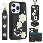 For iPhone 15 Pro Max Crossbody Flower Pattern Leather Phone Case(Black)