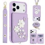 For iPhone 17 Pro Max Crossbody Flower Pattern Leather Phone Case(Purple)
