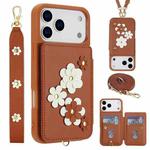 For iPhone 17 Pro Max Crossbody Flower Pattern Leather Phone Case(Brown)
