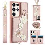 For Samsung Galaxy S23 Ultra 5G Crossbody Flower Pattern Leather Phone Case(Rose Gold)