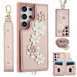 For Samsung Galaxy S24 Ultra 5G Crossbody Flower Pattern Leather Phone Case(Rose Gold)