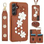 For Samsung Galaxy S24+ 5G Crossbody Flower Pattern Leather Phone Case(Brown)