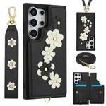 For Samsung Galaxy S25 Ultra 5G Crossbody Flower Pattern Leather Phone Case(Black)