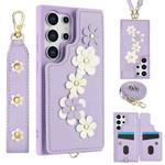 For Samsung Galaxy S25 Ultra 5G Crossbody Flower Pattern Leather Phone Case(Purple)