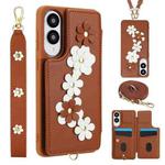 For Samsung Galaxy S25 Edge 5G Crossbody Flower Pattern Leather Phone Case(Brown)