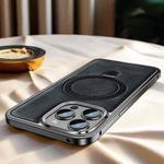 For iPhone 15 Pro Max Metal Frame Oil Wax Leather MagSafe Phone Case with Spring Buckle Stand(Black)