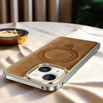 For iPhone 15 Metal Frame Oil Wax Leather MagSafe Phone Case with Spring Buckle Stand(Brown)