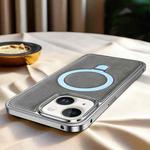 For iPhone 15 Metal Frame Oil Wax Leather MagSafe Phone Case with Spring Buckle Stand(Grey)