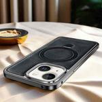 For iPhone 15 Metal Frame Oil Wax Leather MagSafe Phone Case with Spring Buckle Stand(Black)