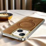 For iPhone 14 Metal Frame Oil Wax Leather MagSafe Phone Case with Spring Buckle Stand(Brown)