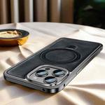 For iPhone 14 Pro Max Metal Frame Oil Wax Leather MagSafe Phone Case with Spring Buckle Stand(Black)