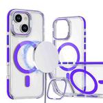 For iPhone 15 Plus Dual-Color Clear Acrylic Hybrid TPU Lens Flip Holder MagSafe Phone Case(Purple)