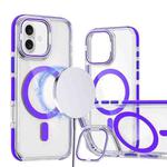 For iPhone 16 Dual-Color Clear Acrylic Hybrid TPU Lens Flip Holder MagSafe Phone Case(Purple)