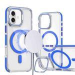 For iPhone 16 Dual-Color Clear Acrylic Hybrid TPU Lens Flip Holder MagSafe Phone Case(Blue)