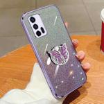 For Realme GT 5G Plated Gradient Glitter Butterfly Holder TPU Phone Case(Purple)
