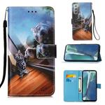 For Samsung Galaxy Note20 Colored Drawing Pattern Plain Weave Horizontal Flip Leather Case with Holder & Card Slot & Wallet & Lanyard(Mirror Cat)