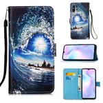 For Xiaomi Redmi 9A Colored Drawing Pattern Plain Weave Horizontal Flip Leather Case with Holder & Card Slot & Wallet & Lanyard(Waves And Sun)