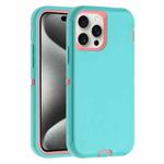 For iPhone 15 Pro Robot Three-proof Life Waterproof Phone Case with Holder(Glacier Blue + Pink)