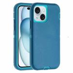 For iPhone 15 Plus Robot Three-proof Life Waterproof Phone Case with Holder(Dark Blue + Light Blue)