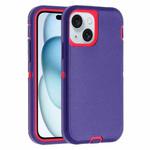 For iPhone 15 Plus Robot Three-proof Life Waterproof Phone Case with Holder(Purple + Rose Red)